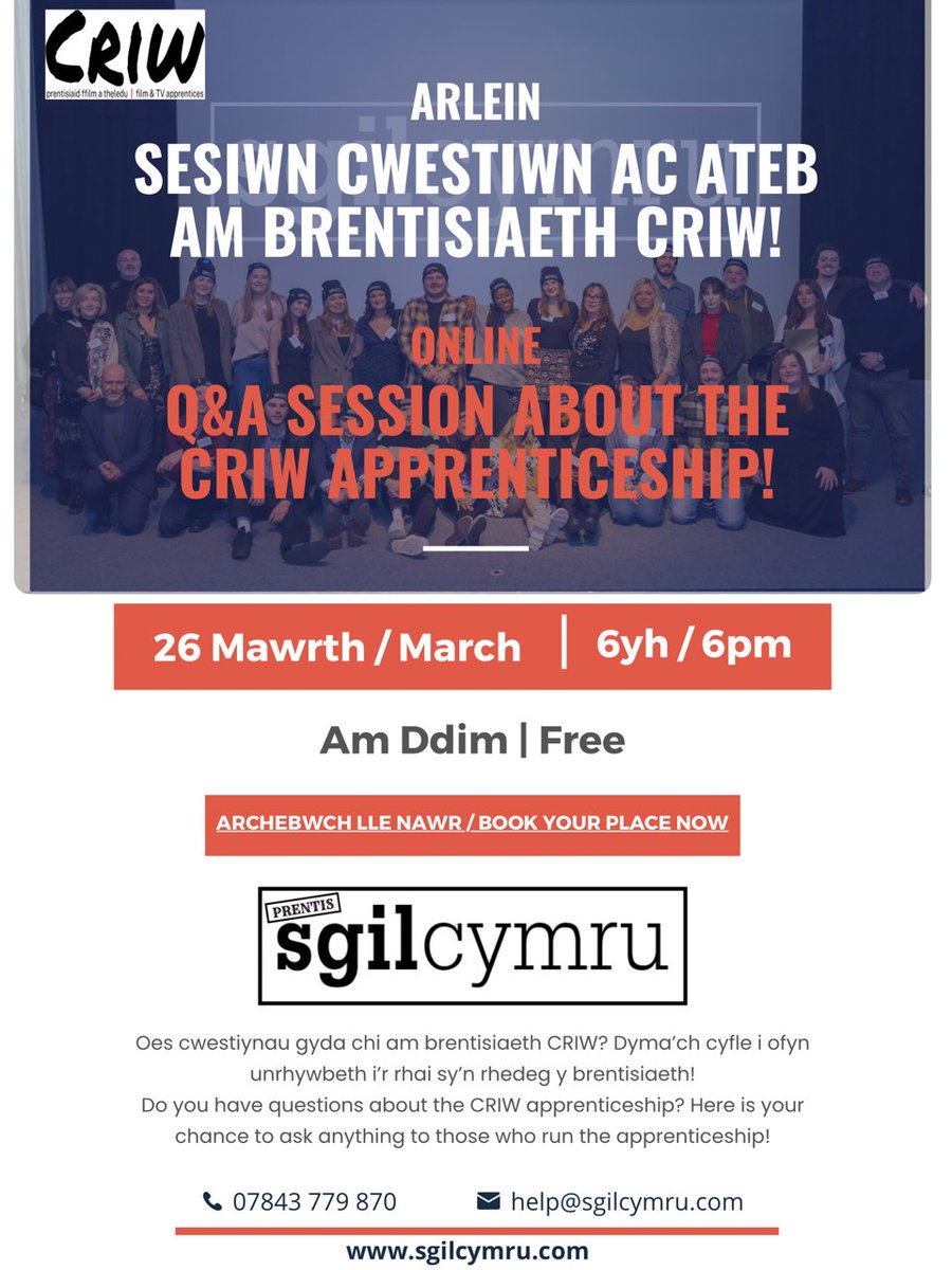 📣ONLINE Q&A SESSION ABOUT OUR CRIW APPRENTICESHIP📣 Sgil Cymru will be running a Q&A session online on Tuesday evening next week to answer any questions about the apprenticeship. You can book a place now here: 🌐➡ eventbrite.com/e/cyfarfod-pre…