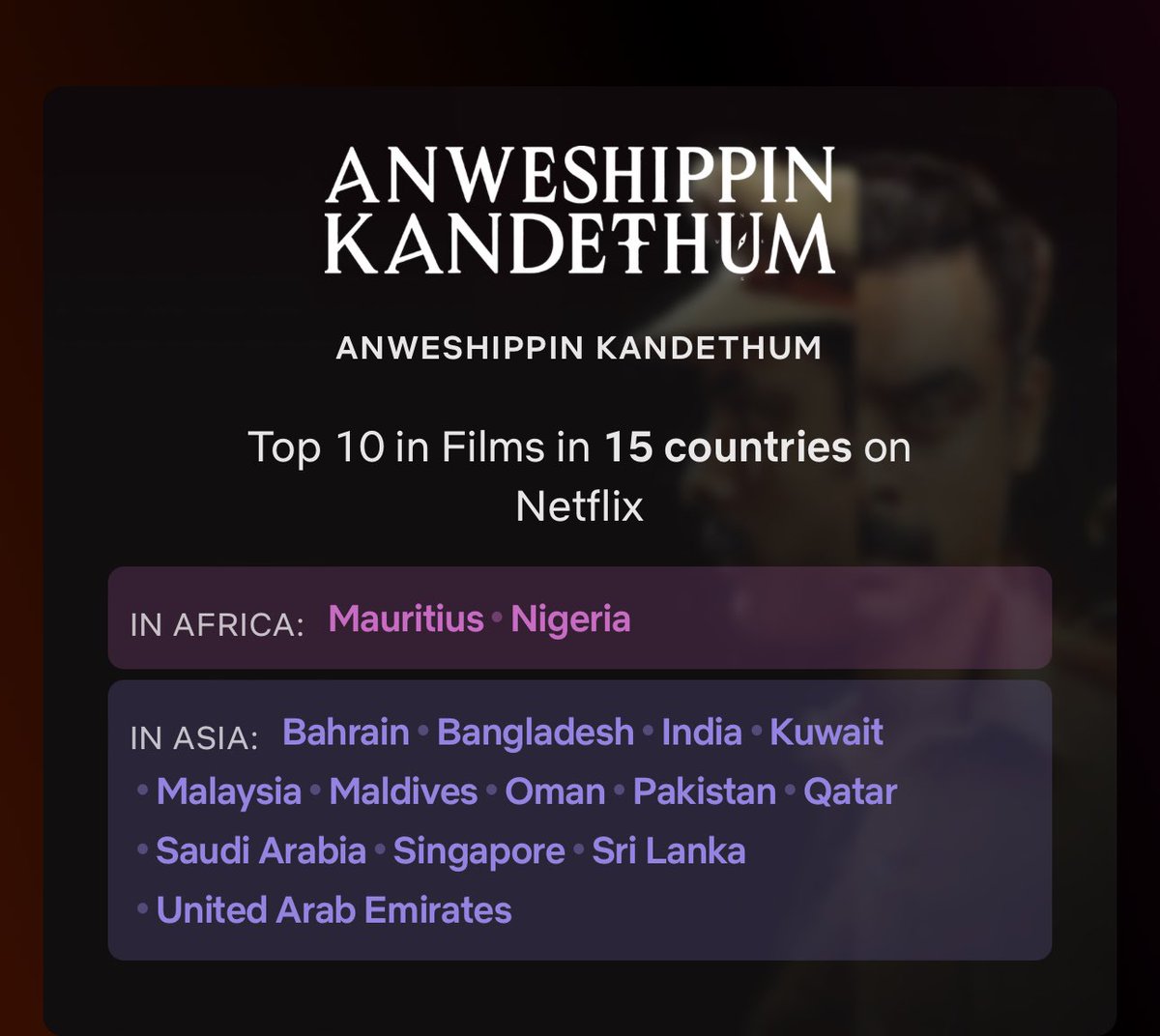 #AnweshippinKandethum has successfully maintained its position on the Netflix global top ten for a second consecutive week, climbing from #8 to #4 on a global scale. We extend our heartfelt gratitude to all of you for your continued support and enthusiasm.