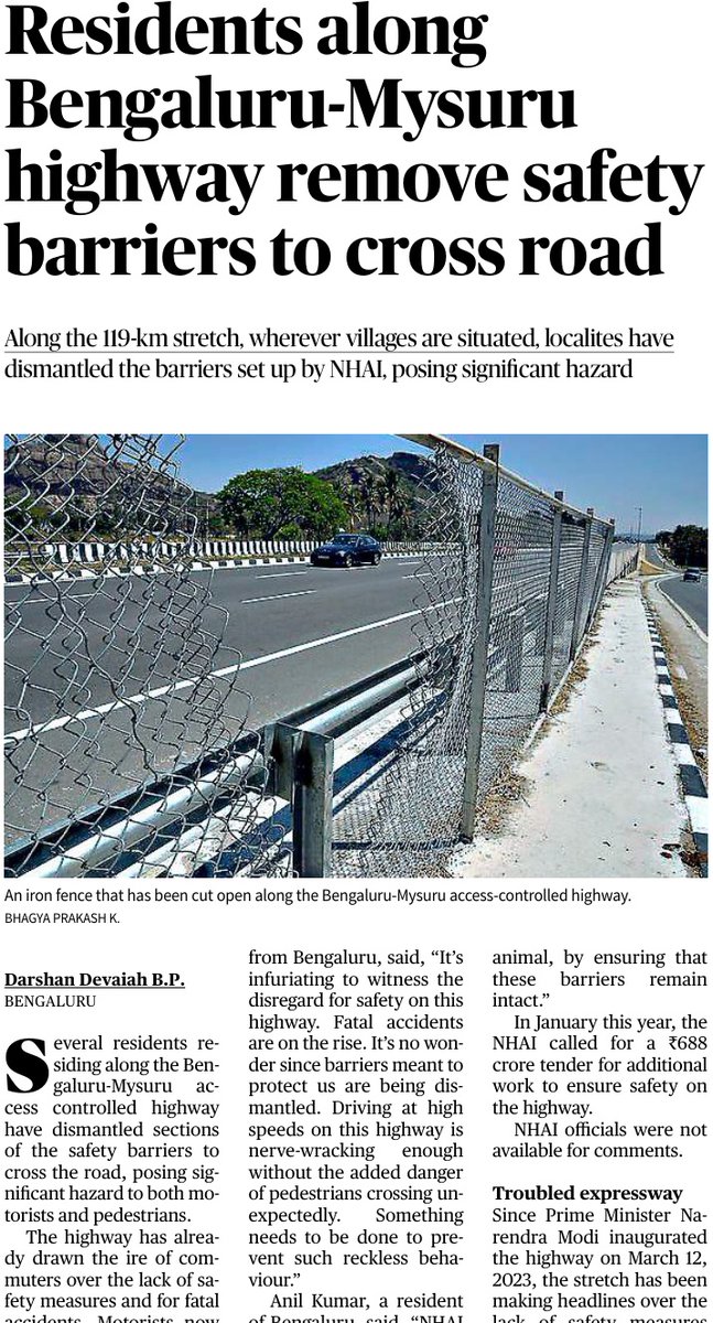 Safety concerns raised as residents along #Bengaluru-#Mysuru highway remove safety barriers to cross access-controlled road in #Karnataka Read more: thehindu.com/news/national/…