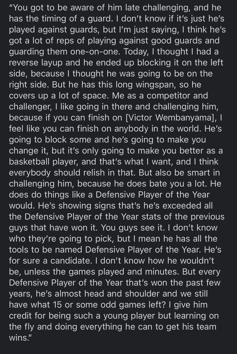 PaulGarciaNBA's tweet photo. Kyrie Irving on Wemby being a defensive player of the year candidate: “I don’t know who they’re going to pick, but I mean he has all the tools to be named Defensive Player of the Year.”

Really good stuff from Kyrie, especially how he said Wemby has the timing of a guard https://t.co/4PvU5FZZYJ
