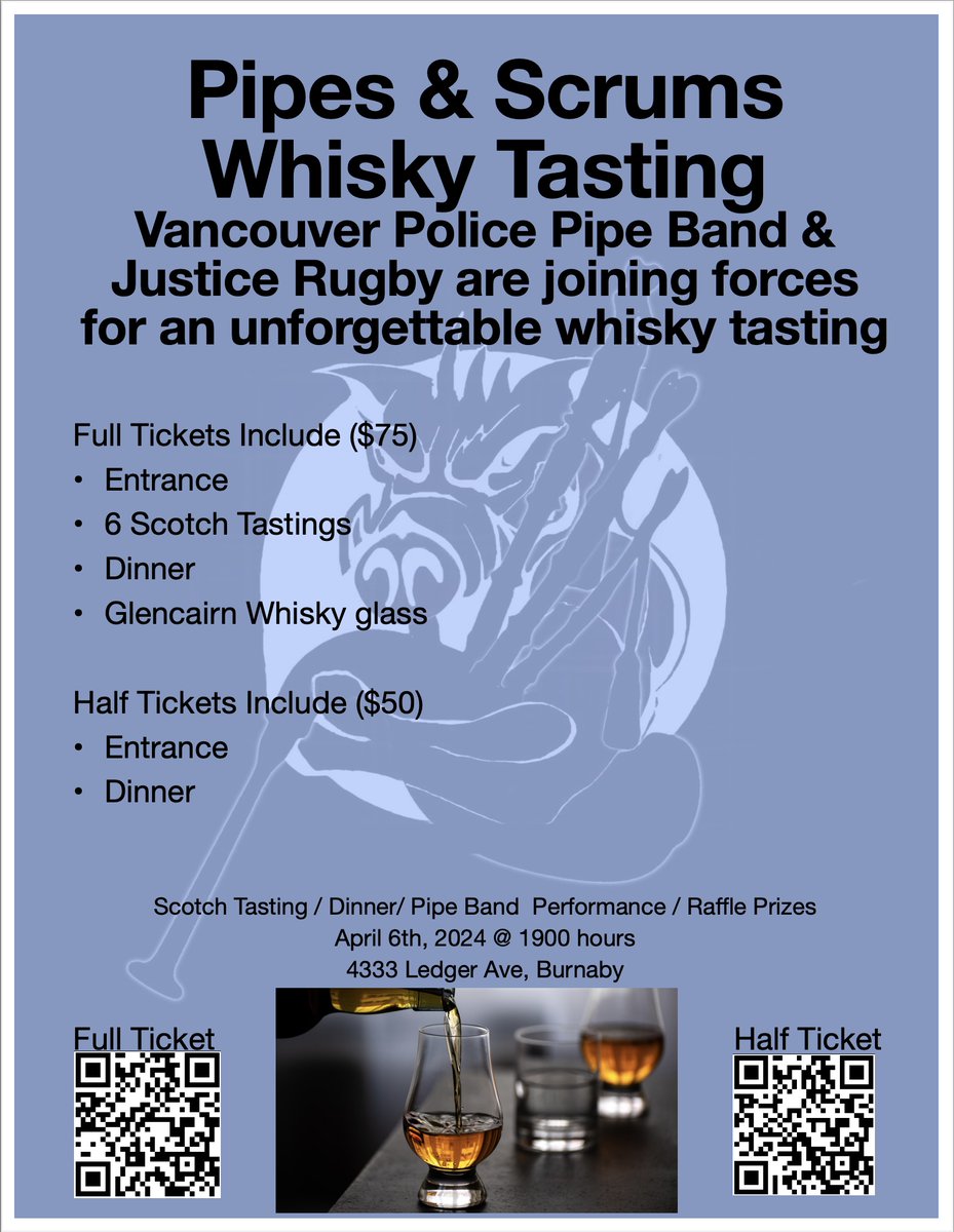 It’s just a bit over two weeks until our “Pipes and Scrums” Whisky tasting event. Tickets are still available at buy.stripe.com/9AQ4jrcPBcbb5H… or using the QR codes below. We hope to see you there.