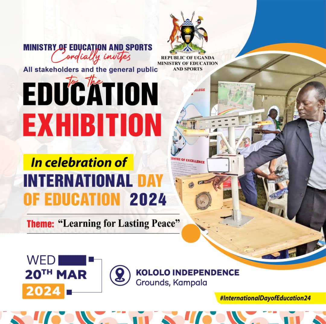 #EducUg | 𝐄𝐝𝐮𝐜𝐚𝐭𝐢𝐨𝐧 𝐄𝐱𝐡𝐢𝐛𝐢𝐭𝐢𝐨𝐧 Today, the Ministry and her stakeholders will be exhibiting a number of works and innovations in the Education sector. Join us today at Kololo Ceremonial Grounds to witness the transformative strides the sector has taken #IDEUg