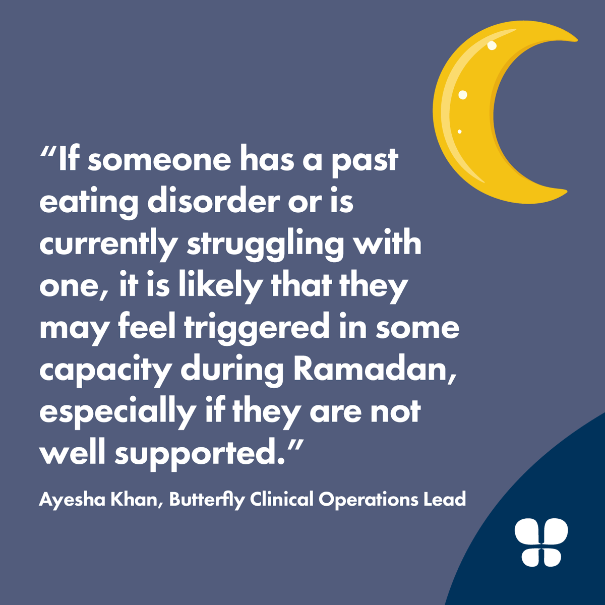 While #Ramadan is usually an exciting & spiritually enriching time for most Muslims, for those experiencing or recovered from an eating disorder, it can be a particularly difficult time. Butterfly’s Clin. Operations Lead Ayesha explains how to navigate⬇️ butterfly.org.au/navigating-ram…