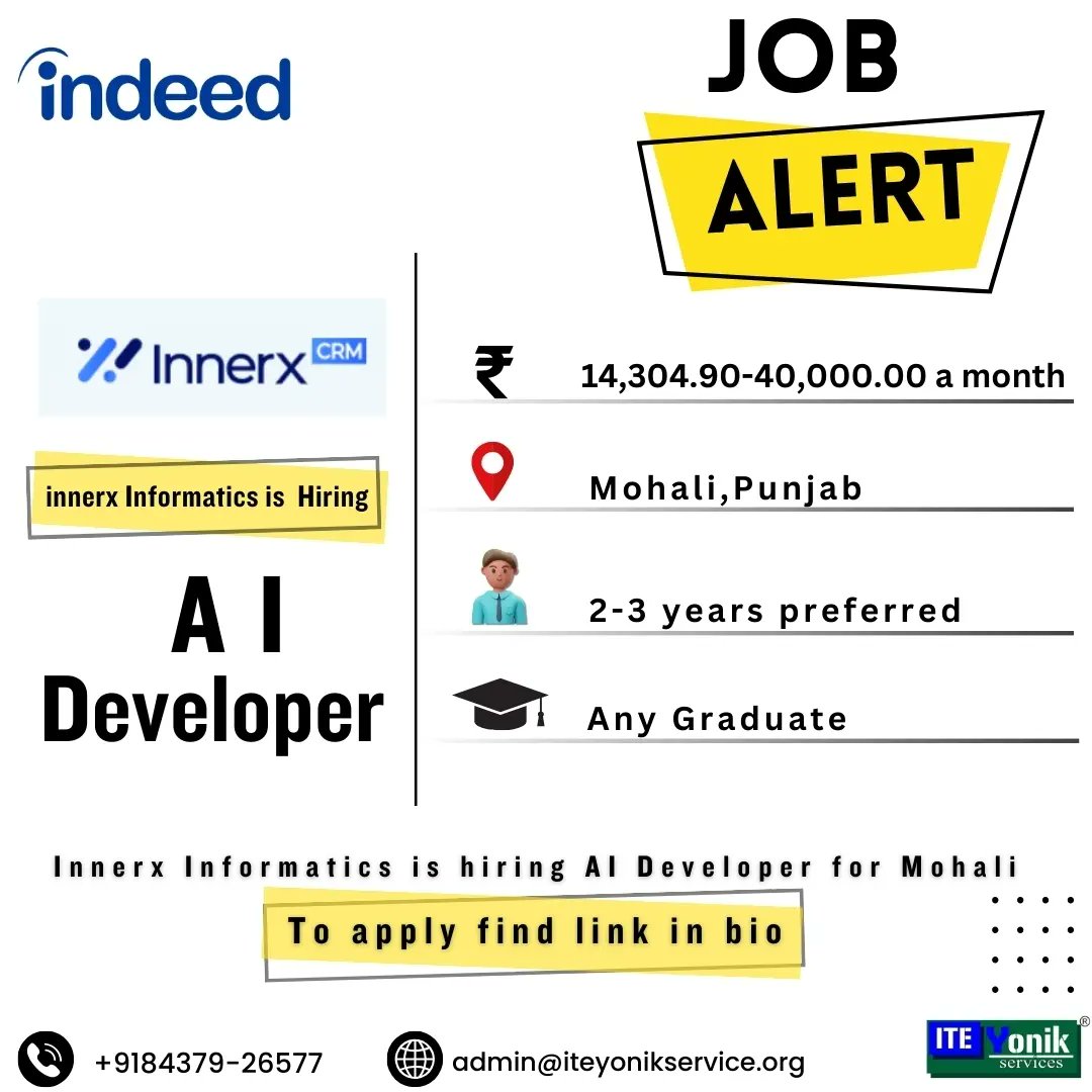 ITEYONIKService's tweet image. @innerx.crm is hiring #ai_developer
Resource credit @indeedworks
Job Alerts by @iteyoniks_training_internships
t.ly/sGJPk
#Iteyoniks #jobalert
#Naukri #Indeed #careeropportunity
#jobsearch #JobSearch #CareerSearch #Recruitment #joblisting #JobFair #jobs #job #hiring