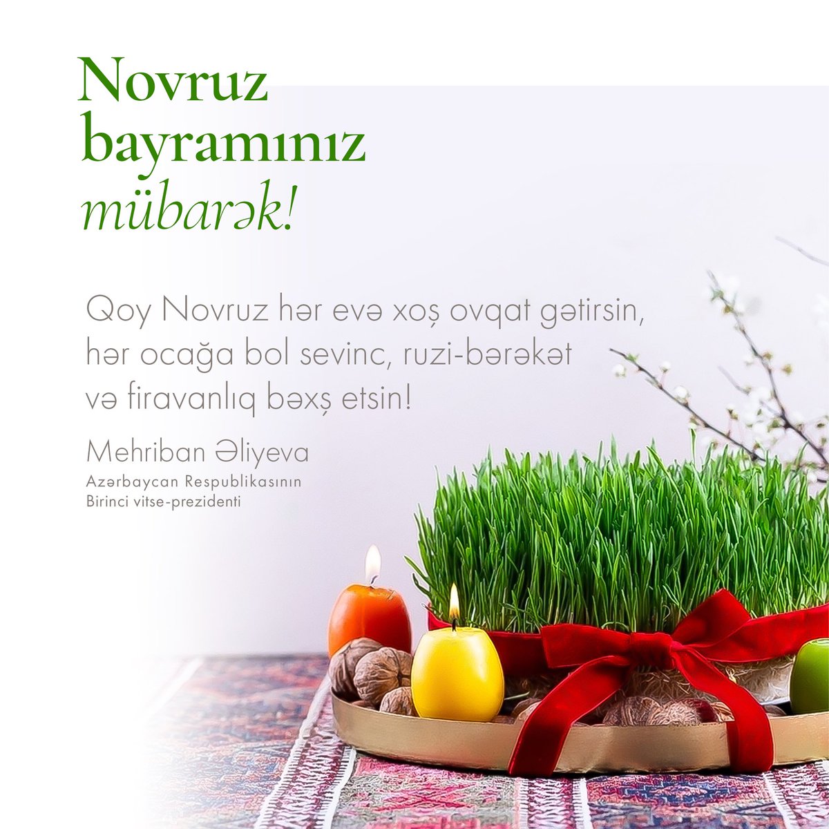 Əziz həmvətənlər! Novruz bayramı münasibətilə sizi səmimi-qəlbdən təbrik edir, hər birinizə möhkəm cansağlığı, sevinc, səadət və uzun ömür arzulayıram! Təbriklərə və xoş arzulara görə hər kəsə minnətdaram. Sevginizə, səmimiyyətinizə, hörmət və diqqətinizə görə çox sağ olun! Qoy