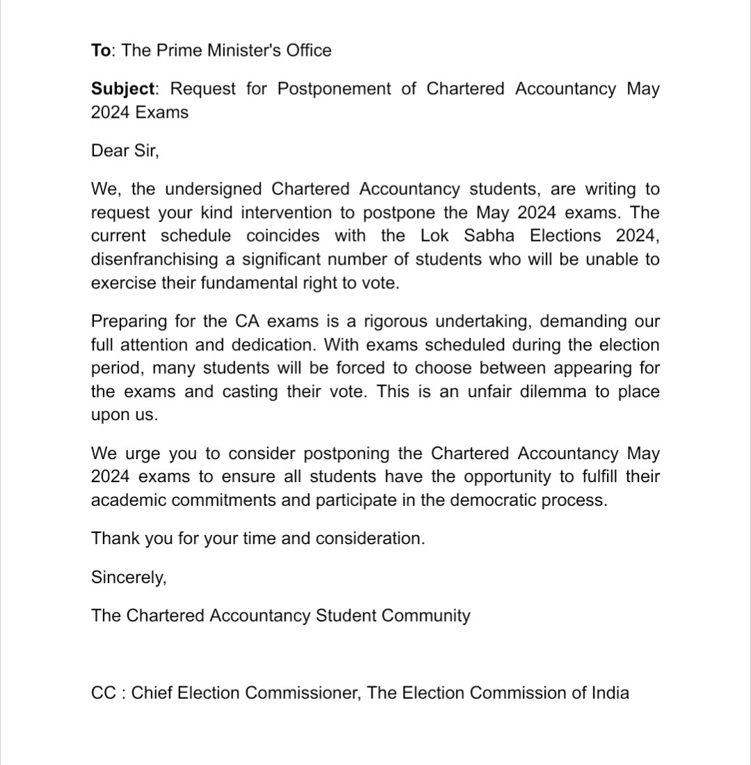 VasuDedakiya's tweet photo. Sending this letter to PMO via Speed Post. Urge you all to do the same.
@PMOIndia 
#caexam #ICAI #icaiexams https://t.co/lnwEKwCLpF