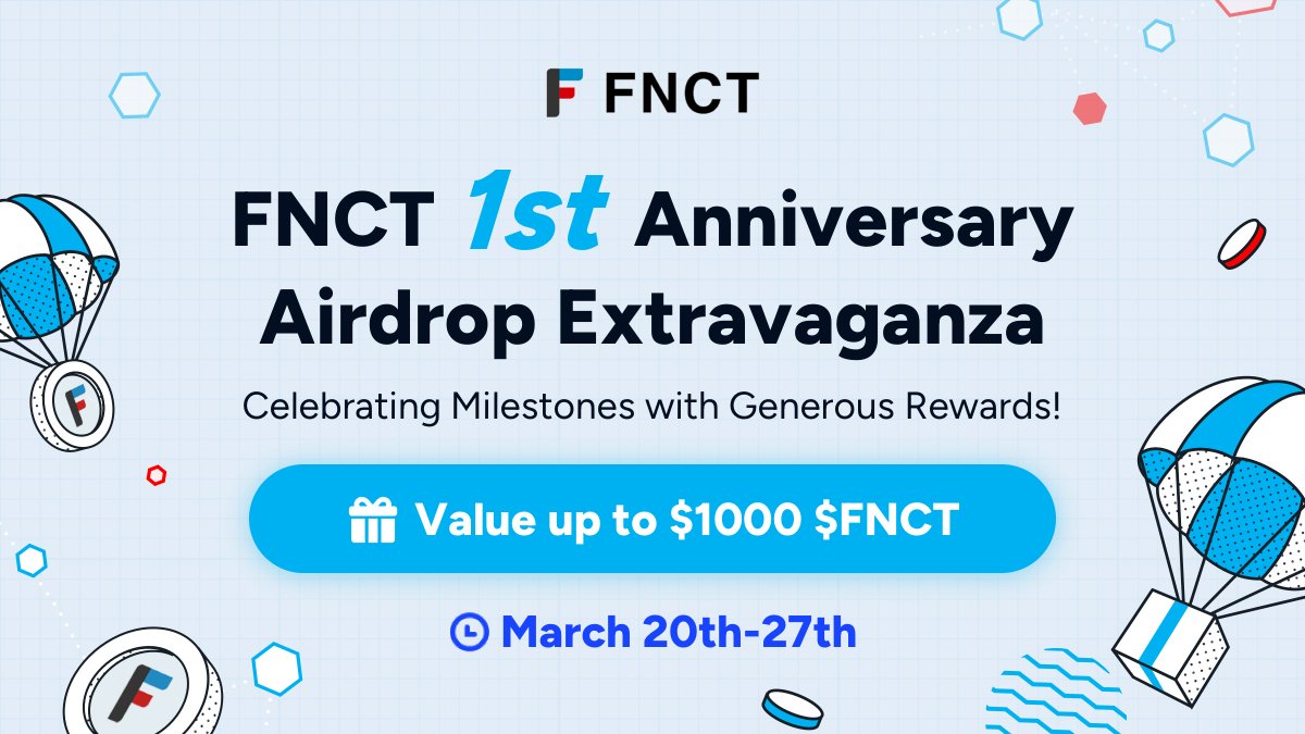 Fnct_Officialen's tweet photo. 🎉 Join the Spectacular #FNCT #Airdrop Carnival: Celebrating Our 1st Anniversary in Style powered by @soquest_xyz! 🎁✨

🔥We're thrilled to announce the highly anticipated 1st anniversary of #FNCT! As a token of our appreciation for your unwavering support, we've prepared a special treat for all #FNCT fans! 

🎁 Rewards: $1000 $FNCT!!!!! 
👉 Top 50 Entries get $10 $FNCT each, lucky draw 100 ppl get $5 $FNCT each.

✅ Rules:
1. Follow @Fnct_Officialen 
2. RT+Like
3. Join TG: https://t.co/Q674Qlzk0f
4. Invite 3 friends ( Not mandatory)

Proof on:  https://t.co/hgRAvYmwqB