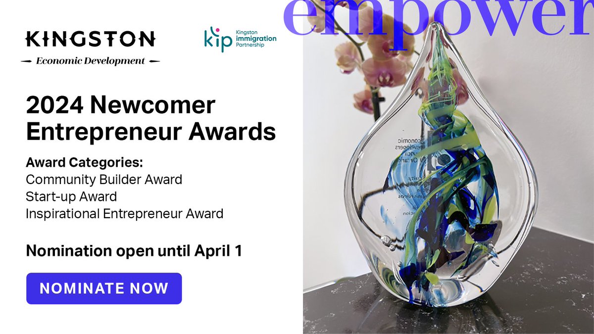 To celebrate the contributions made by exceptional and visionary newcomer entrepreneurs, we have worked with @Immigrate_Ktown to establish the Kingston Newcomer Entrepreneurs Awards. Nominate yourself or a newcomer entrepreneur: ow.ly/zQ3Z50QMGeH #YGK