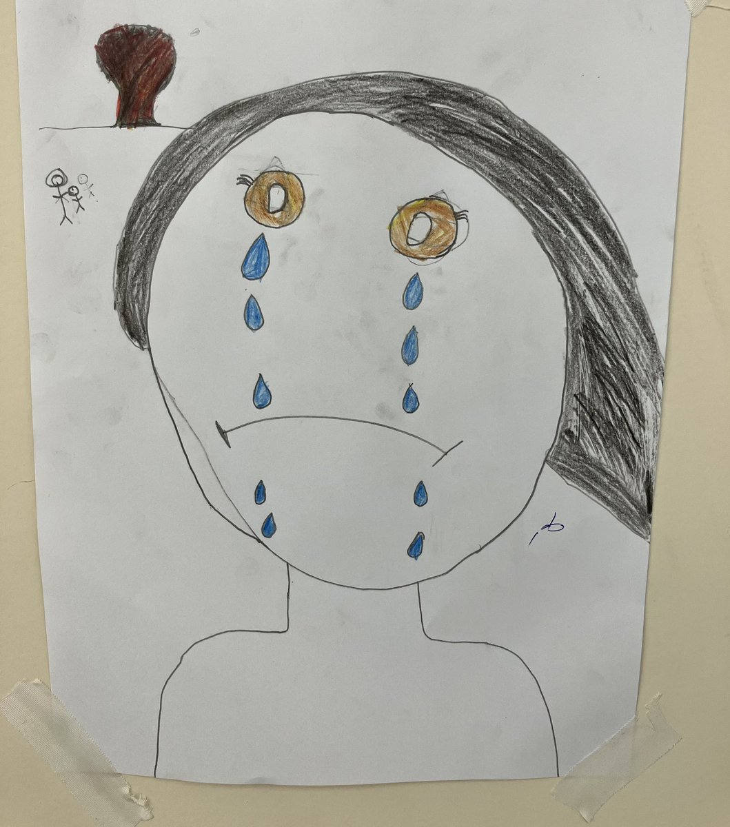 A child’s picture from the @MSF Mental Health room in the Al-Shaboura clinic, #Rafah #Gaza. People “joke” that *Post* Traumatic Stress disorder (PTSD), doesn’t apply in Gaza as - like the physical wounds - the mental wounds keep coming.