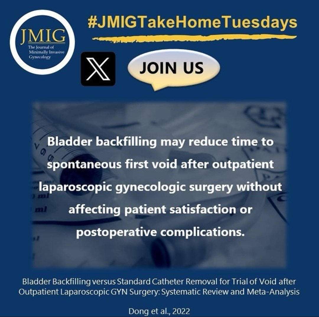 Join us here on Thursday 3/21 as host @SarahASantiago discusses this month's @AAGLJMIG journal club article comparing backfilling the bladder vs standard catheter removal for void trial after gynecologic surgery. jmig.org/article/S1553-… #JMIGjc