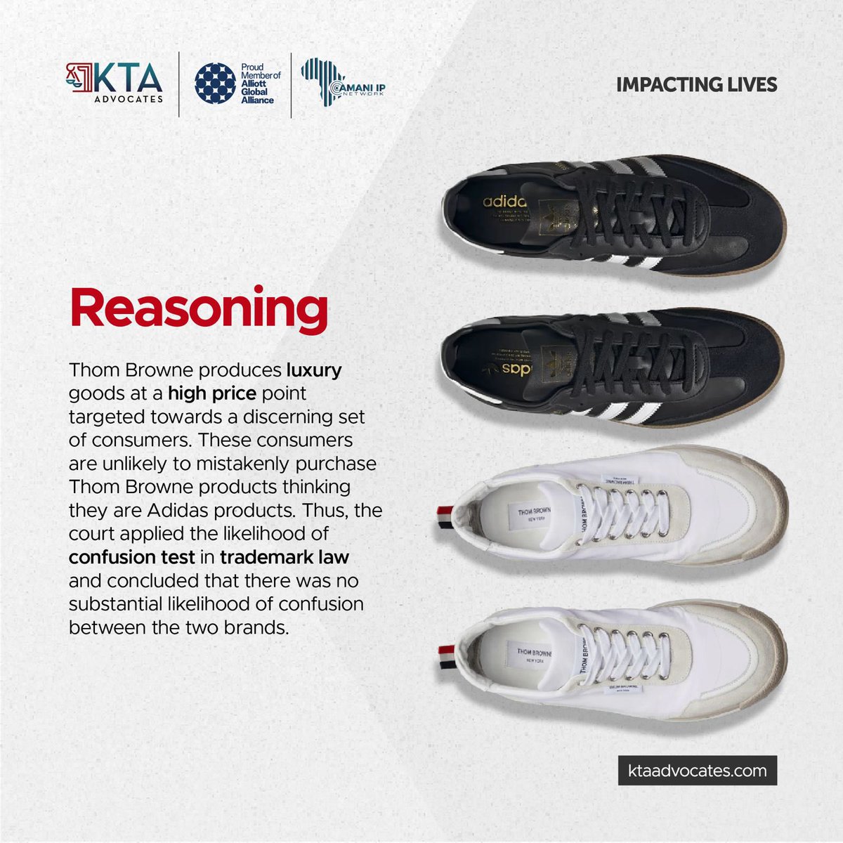 Adidas recently encountered a stumbling block in a trademark infringement case against Thom Browne. The takeaway? Before pursuing legal action, it’s crucial to grasp the intricacies of the likelihood of confusion test in trademark law. #KTAat15 #IntellectualProperty
