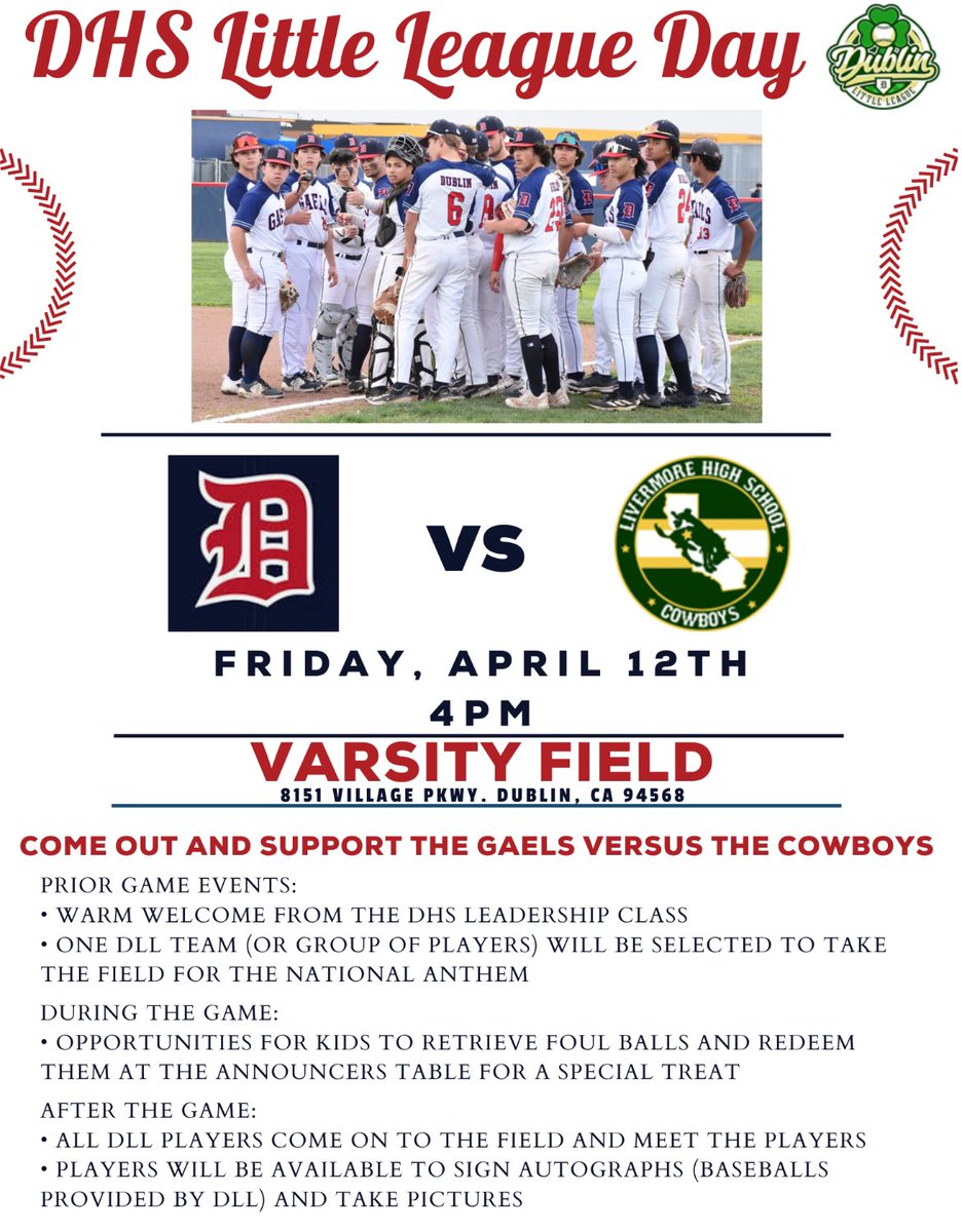 Join us for DHS Little League day on April 12! And make sure to buy those A’s little league tickets… the most A’s sales will take the field with the HS team in new A’s jerseys! @Athletics @DublinUSD #dublinlittleleague #dllbaseball