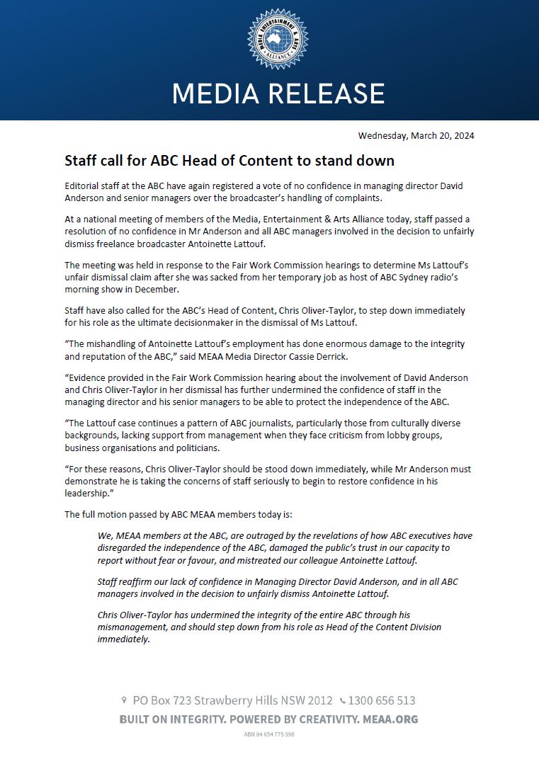 Media release: Editorial staff at the ABC have again registered a vote of no confidence in managing director David Anderson and senior managers over the broadcaster’s handling of complaints. meaa.io/3IKbun7 #MEAAmedia