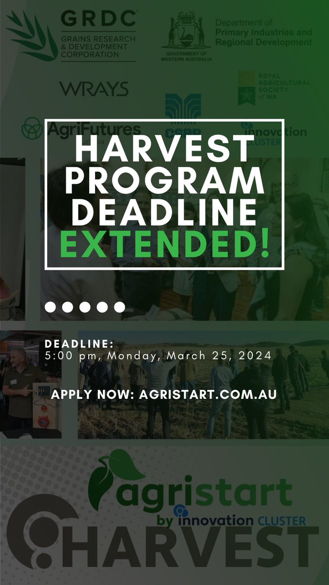 🎉HUGE NEWS!
We are so excited by the quality HARVEST applications already in, so we've extended the application deadline to align with the timing of other programs to Monday 25th of March.
Applications are very easy to submit: loom.ly/k0fd_E4
#AgrifoodInnovation #Agtech