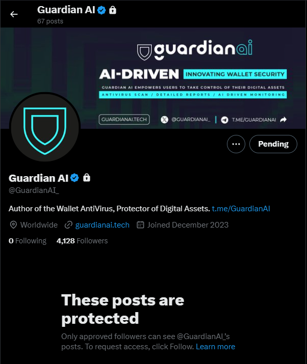 reidporlee's tweet photo. Ahh yes, my first non-memecoin rug of the cycle. #GuardianAI drops 95% in two weeks. @GuardianAI_ X page went private. Comments removed from TG. @zachxbt please expose. https://t.co/eb78I7wKIp