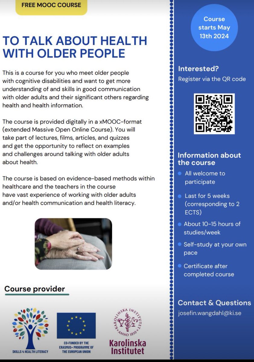 Free MOOC on how to talk about health with elderly. The course is for health and social care professionals and hosted by Karolinska Institute and supported  by Erasmus+. Get credits. More information below. 
♥️💚💛💙
