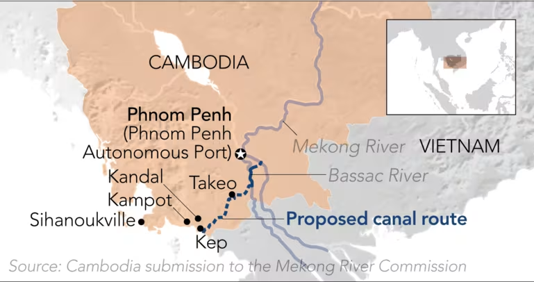 Cambodia to divert Mekong trade via China-built canal, connecting Phnom Penh to the southern coastline rather than using the traditional Mekong river via Vietnam asia.nikkei.com/Spotlight/Asia…