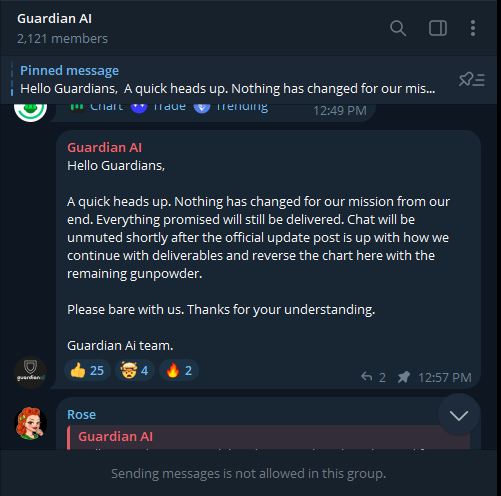 reidporlee's tweet photo. Ahh yes, my first non-memecoin rug of the cycle. #GuardianAI drops 95% in two weeks. @GuardianAI_ X page went private. Comments removed from TG. @zachxbt please expose. https://t.co/eb78I7wKIp