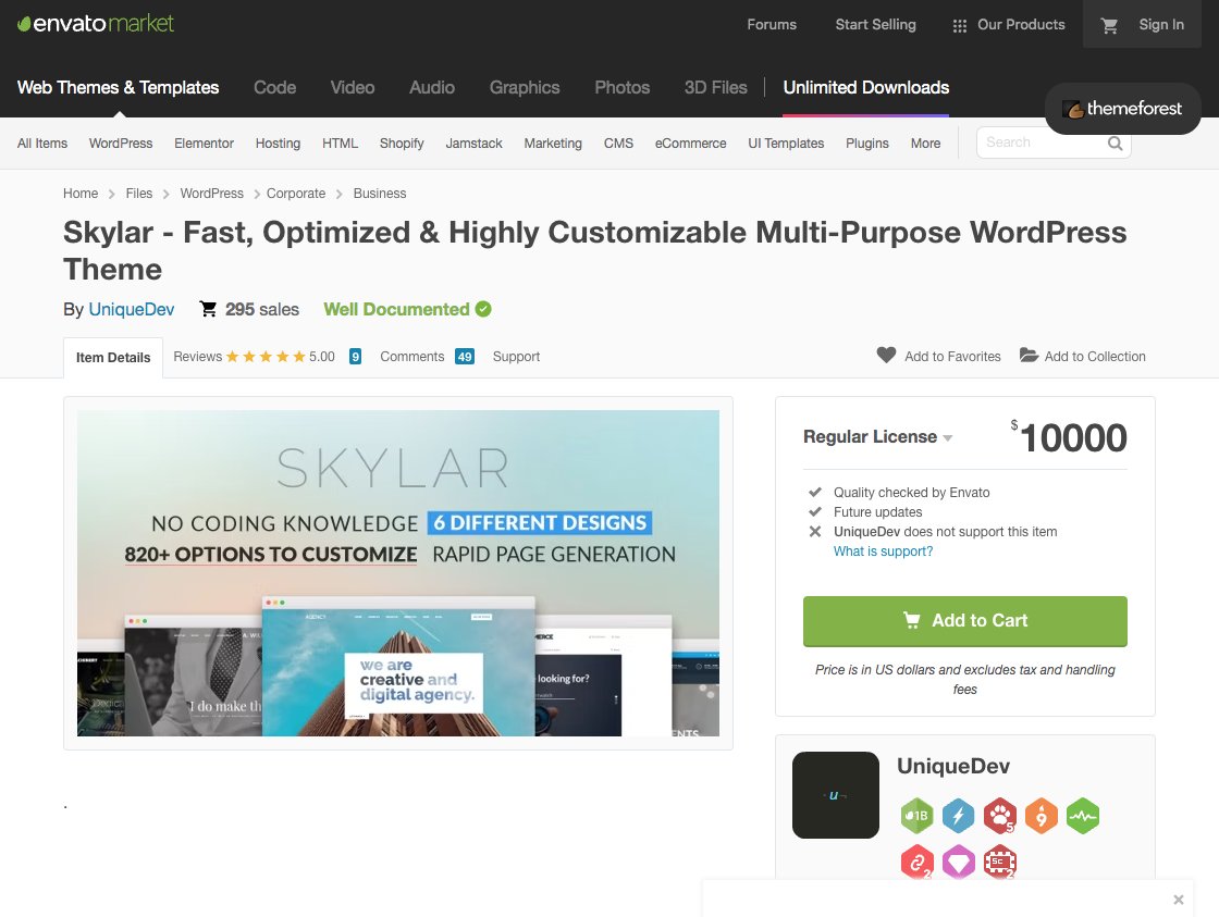 Skylar : Rapide, optimisé et customisable à souhait, mais cela reste le #Theme  #WordPress le plus cher au monde !!
En vente à $10000 sur la plateforme #envatomarket .
Il a quand même été vendu 295 fois !
En savoir plus 👉🏾 bit.ly/4acvTx2
