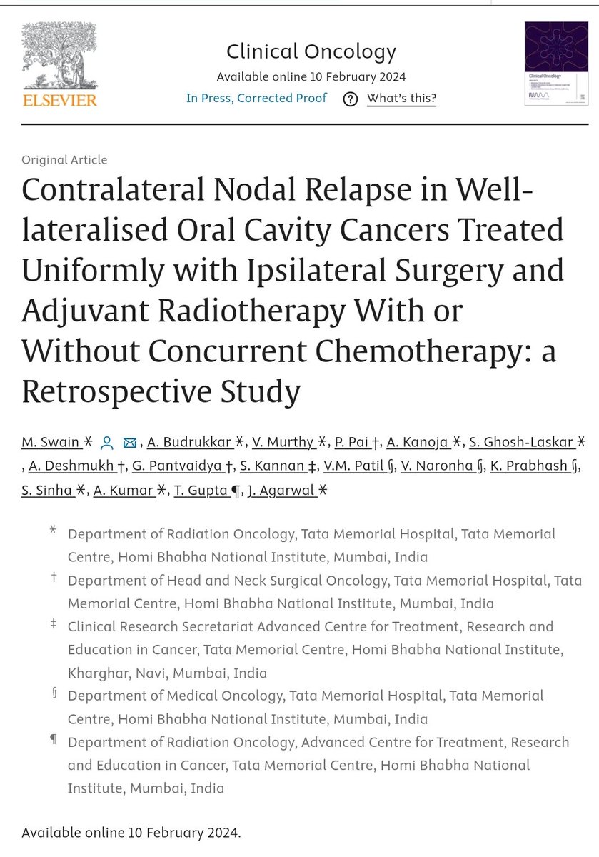 Contralateral nodal relapse in well-lateralised oral cavity cancer: @drmonaliswain, @AshwiniBudrukar & our Head Neck Oncology team dissect findings from 208 pts treated 2012-2017. Incidence remains low, common in levels IB & II, ≥2 ipsilateral +ve LN associated with higher risk
