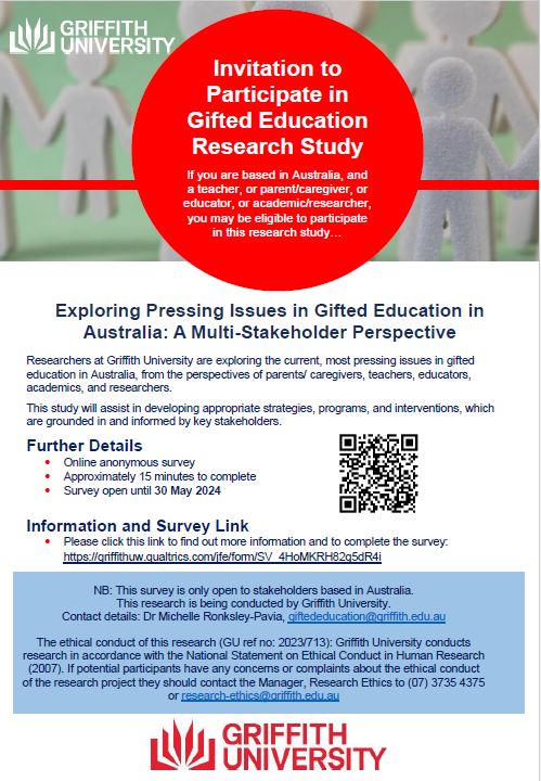 Survey invitation-have your say on the current most pressing issues in gifted education in Australia, further info & survey link: griffithuw.qualtrics.com/jfe/form/SV_4H… #gifted #giftededucation #australia #griffithuni #giftedness #2e #Researchproject
