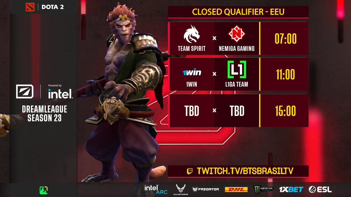 BTSBrasilTV's tweet photo. 🏆 DREAMLEAGUE SEASON 23

🔸 Closed Qualifier - EEU

@Team__Spirit 🆚 @nemigagg
@1winesports 🆚 L1GA TEAM
A DEFINIR 🆚 A DEFINIR

🎙️: @Patty_Sza, Princess F0xy, @flow_begow e @Spynon

📺 https://t.co/Z0DpVan6IR
⏰ 07:00

#DOTA2 | #DreamLeague https://t.co/KnaSOgpTeG