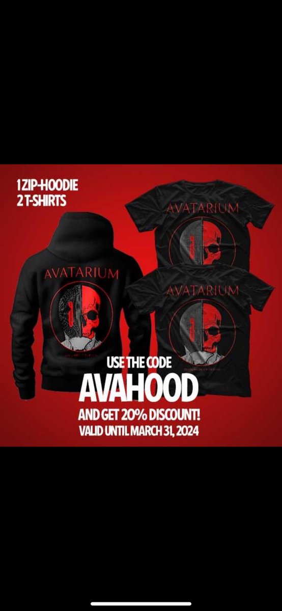 20% discount at IndieMusic.se on the following Avatarium-merch: • 2 t-shirts - Use the code AVATEE • 2 t-shirts + 1 zip-hoodie - Use the code AVAHOOD Valid through March 31:st! 🔥