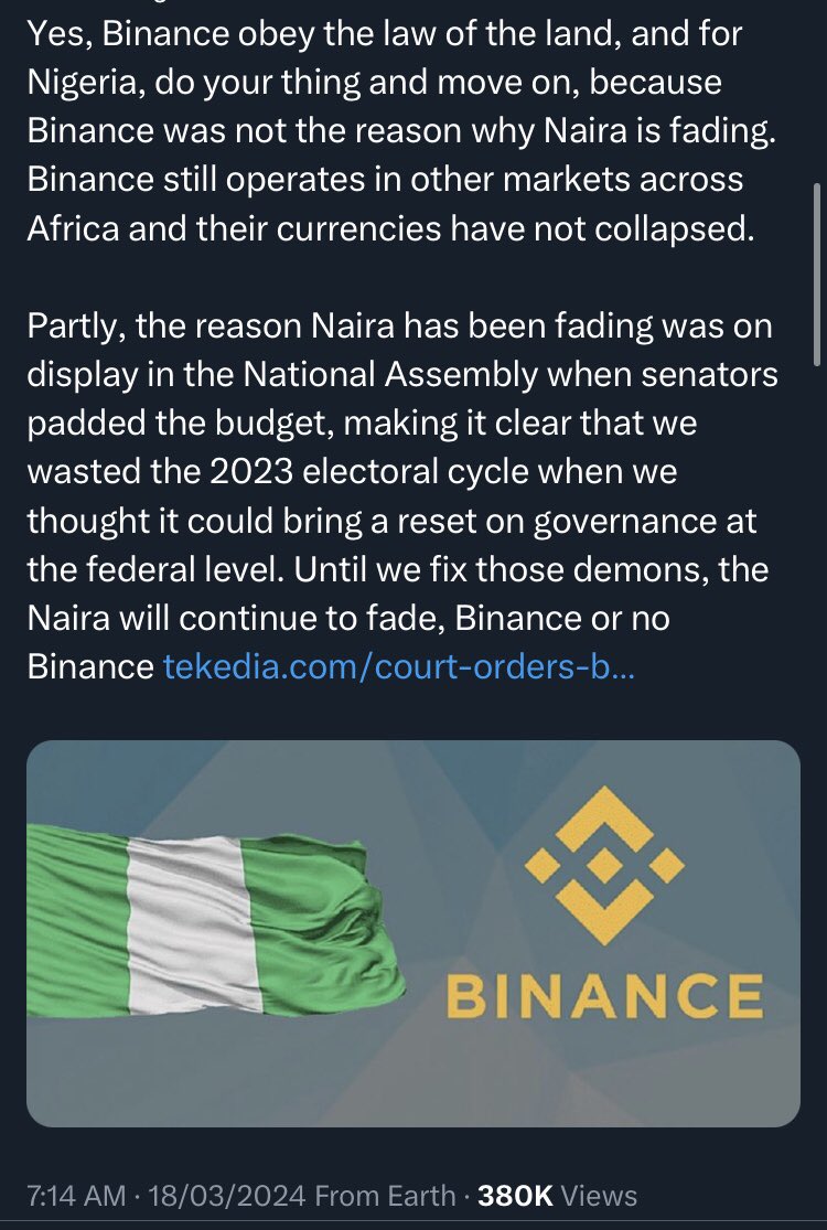 If you believe that Nigerians on P2P (NOT ACTIVE TRADING) moved a whooping $26 Billion out of Nigeria via Binance, then your brain power is still on Pentium I. When governance fail, blame the people. How did the NSA, Yemi Cardoso & the CBN arrive at that bogus $26 Billion? 🤔