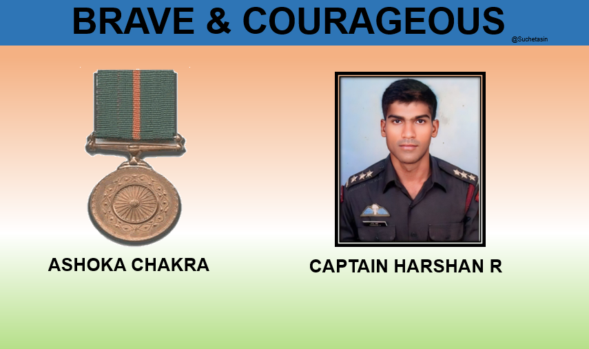 20 March 2007. Captain Harshan R while in Lolab Valley, J&K cordoned house suspected of having hardcore terrorists. In the ensuing firefight he single handedly killed two terrorists before making the supreme sacrifice. Posthumously awarded #AshokaChakra
