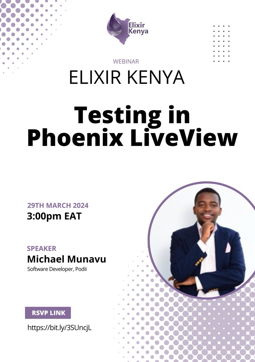 ElixirKenya (@elixirkenya) on Twitter photo Don't forget to secure your spot for our webinar with <a href="/MichaelTrance1/">Michael Munavu</a>
Coming soon March 29th!
⏲️3:00pm EAT
Gain practical insights into Live View testing!
bit.ly/3SUncjL
#myelixirstatus Don't forget to secure your spot for our webinar with <a href="/MichaelTrance1/">Michael Munavu</a>
Coming soon March 29th!
⏲️3:00pm EAT
Gain practical insights into Live View testing!
bit.ly/3SUncjL
#myelixirstatus