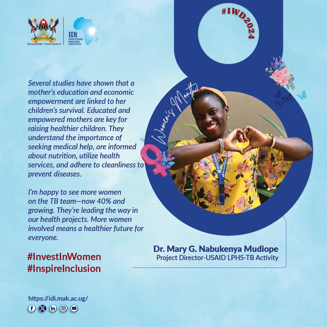 IDIMakerere's tweet photo. Educated, empowered mothers lead to thriving children. We are proud of our TB team for driving health forward. #InvestInWomen for brighter futures for all! #InspireInclusion https://t.co/vgD6NziXeu