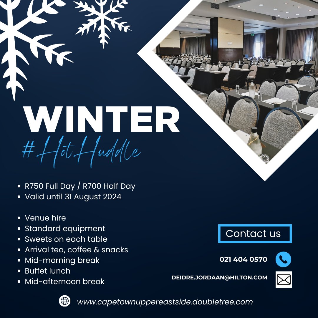 Escape the upcoming winter chill and heat up your conference experience with us! #HotHuddle – where warm welcomes and productive gatherings await!

#winter #wintertime #winterconference #conference #events #meeting #venue #hotel #accommodation #capetown #woodstock #southafrica