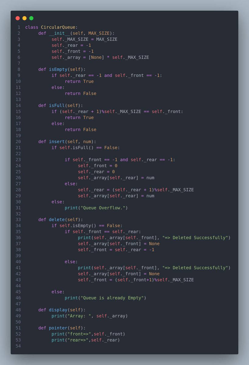bisheshwor3D's tweet image. 🌱

**Circular Queue Implementation Using Array**
                                                                                                       🌱
#coding #pythonprogramming #PythonOnALGO #DSA