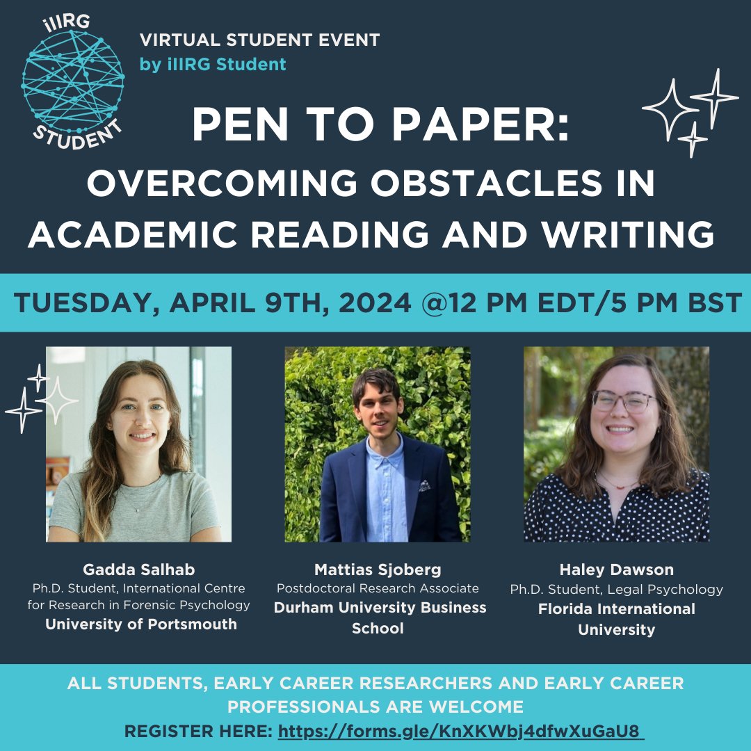 iIIRG Student (@iiirgstudent) on Twitter photo Don't miss the next virtual student event on Tues, April 9th at 12PM EDT/ 5PM BST.
Join us to hear <a href="/g_salhab/">Gadda Salhab</a>, <a href="/DrMattSjoberg/">Mattias Sjoberg</a> and <a href="/HaleyRDawson/">Haley R. Dawson, MS</a> discuss academic reading and writing (everything from routines, tips, and overcoming challenges).
Register👉 forms.gle/KnXKWbj4dfwXuG… Don't miss the next virtual student event on Tues, April 9th at 12PM EDT/ 5PM BST.
Join us to hear <a href="/g_salhab/">Gadda Salhab</a>, <a href="/DrMattSjoberg/">Mattias Sjoberg</a> and <a href="/HaleyRDawson/">Haley R. Dawson, MS</a> discuss academic reading and writing (everything from routines, tips, and overcoming challenges).
Register👉 forms.gle/KnXKWbj4dfwXuG…