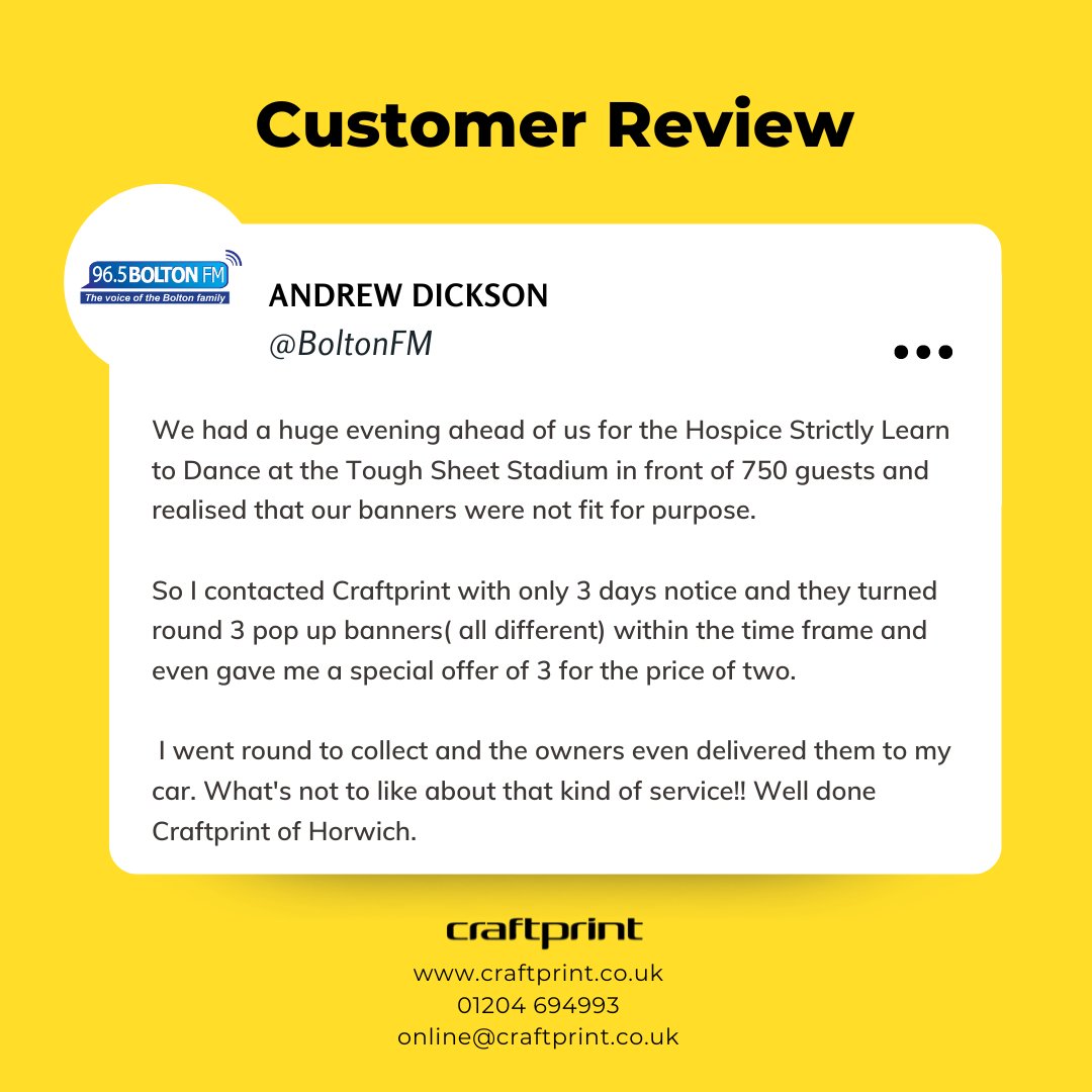 Amazing review from Andrew Dickson at <a href="/BoltonFM/">Bolton FM</a>

Delighted to help with printing for the Hospice Strictly Learn to Dance event at Tough Sheet Stadium. Thank you, Andrew! 

#CustomerReview #CustomerFeedback #Testimonial #BoltonFM #CharityEvent