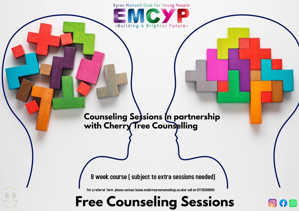 FREE 1-1 counselling sessions available with a fully qualified and experienced counsellor (Cherry Tree Counselling). Sessions will be based at @EMCYP_ 8 week course with the possibility of extension if needed. If you or someone you know needs support please do get in touch 💚