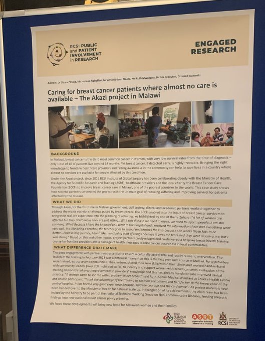 We're delighted to be attending the @RCSI_Irl Public and Patient Involvement (PPI) Knowledge Exchange today with a poster on the #Akazi project! #globalsurgery @Irish_Aid @ASRT2016 @IrishResearch @KUHeS_mw