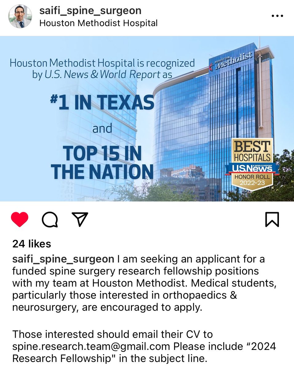 #Unmatched Orthopedic Surgery Medical Students: check out this spine research fellowship at Houston Methodist. Details to apply are in the image below. #orthopedics