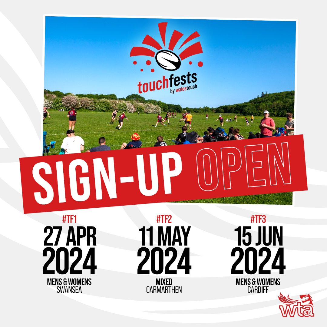 This year TouchFests will run 2 x Men's and Women's touch rugby tournaments and 1 x Mixed tournament. 📅 TF1 27th April 2024 South Gower Men's and Women's 📅 TF2 11th May 2024 Carmarthen Quins Mixed 📅 TF3 15th June 2024 Old Penarthians Cardiff Men's and Women's