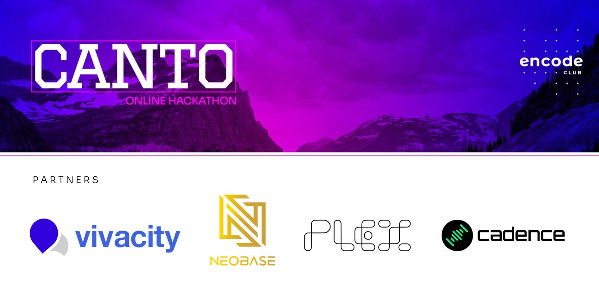 📢 Reminder to join the <a href="/CantoPublic/">Canto</a> Online Hackathon (<a href="/theCOH_/">Canto Online Hackathon</a>), supported by stellar partners:

- <a href="/Plex_Official/">Plex</a>, dev wizards at Canto
- <a href="/NeoBase_Studios/">NeoBase</a>, Canto core contributors
- <a href="/CadenceProtocol/">Symphony (Prev. Cadence)</a>, intent-centric perpetuals aggregator
- <a href="/vivacityfinance/">vivacity.finance</a>, asset lending

🔗