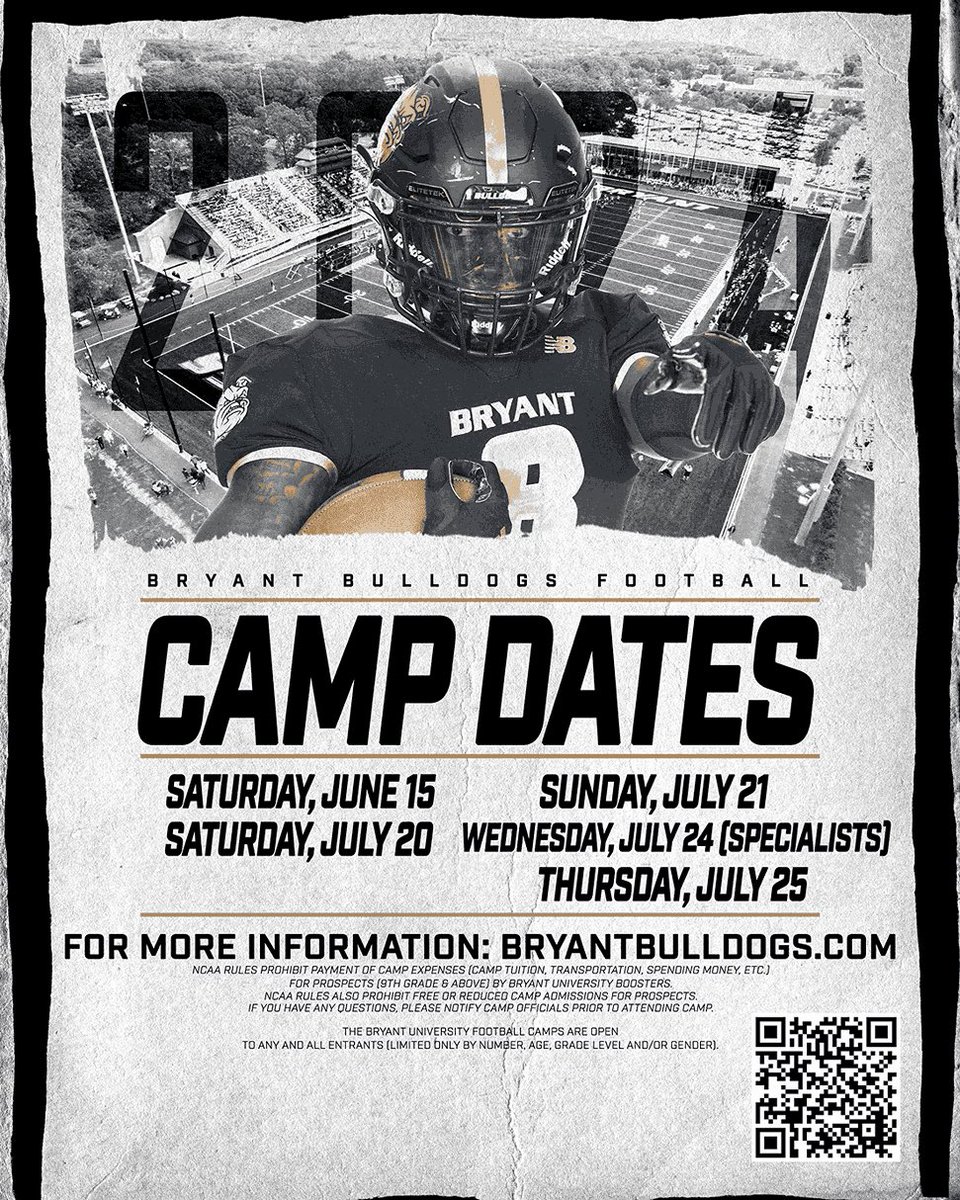 Earn it at camp this summer! @BryantUFootball features 🏈Division 1 CAA Football 🏟️New Facilities going 👆 📚Nationally Ranked Academics📓 Dreams ➡️ Realities Sign up and compete!