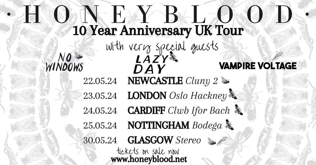 Thrilled to let you know supports for the 10 Year Anniversay Tour are @lazydaylazyday @nowindowsmusic and @vampirevoltage! 🪰 Very excited to have such amazing acts open for me on this nostalgia ride, performing my debut album in full! Tickets avail at honeyblood.net