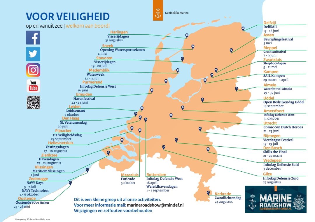 De Marine Roadshow gaat weer op pad en is de komende maanden op meerdere evenementen te vinden door het hele land. Benieuwd wanneer de Marine Roadshow bij jou in de buurt is? Check de kaart en ontdek de mogelijkheden van de Koninklijke Marine. #koninklijkemarine #marineroadshow