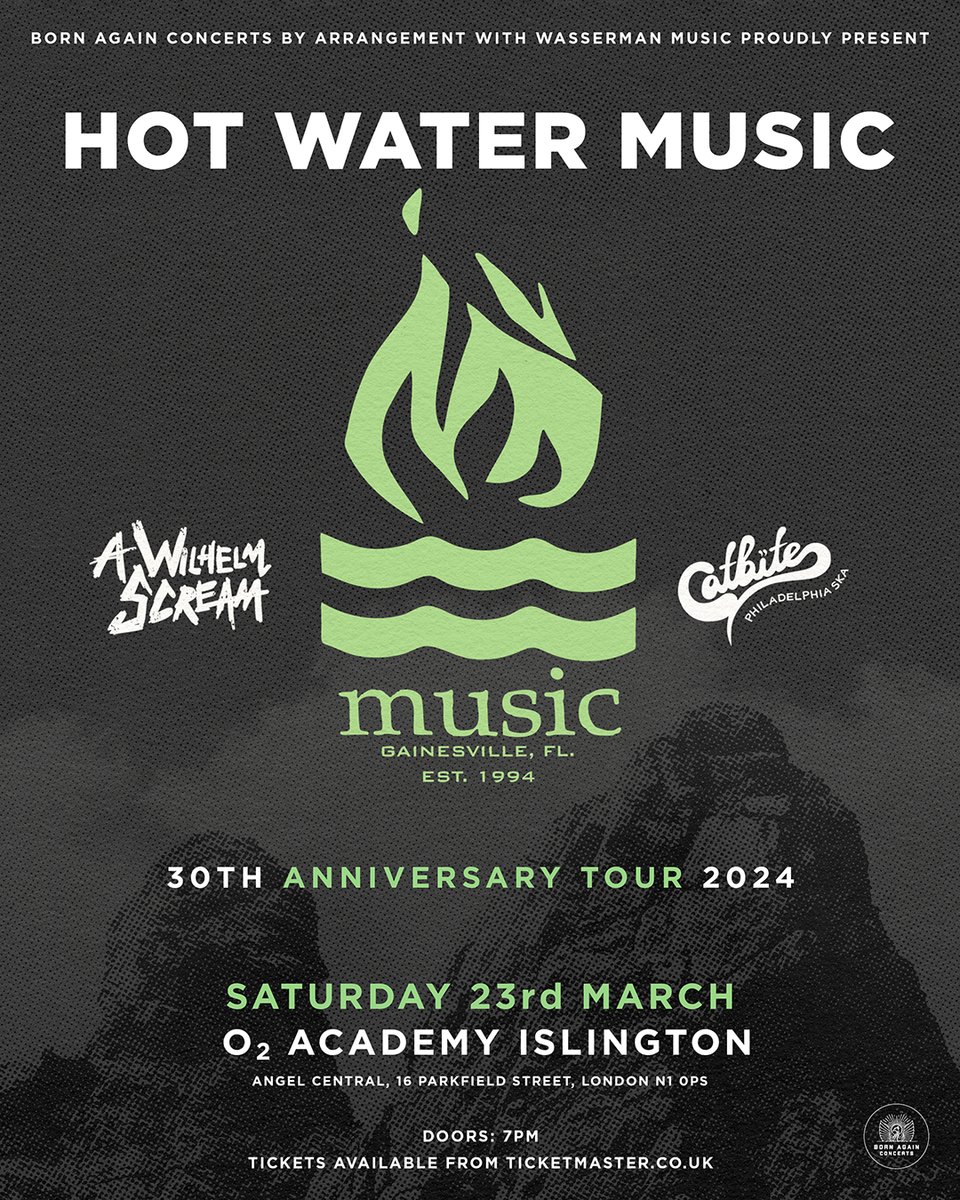 SATURDAY 🤘 Legendary Florida punk-rockers @HotWaterMusic announce @O2ForumKTown to celebrate their 30th Anniversary, joined by special guests @AWilhelmScream and @CatbiteBand, Saturday 23rd March FINAL TIX 🎟️ bit.ly/bacHOTWATER24t… 🎥 youtu.be/8E4AgmQbjjw