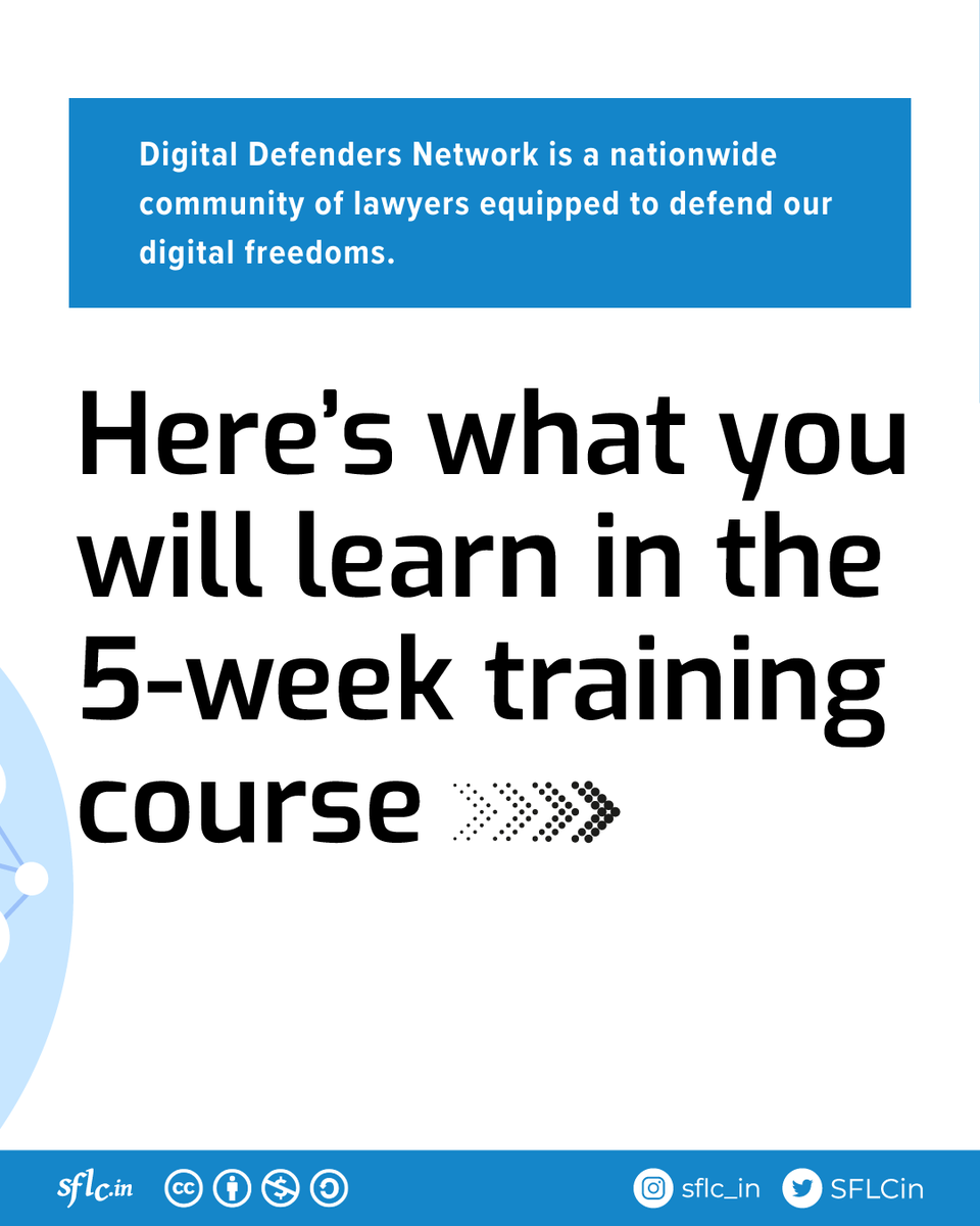 SFLCin's tweet photo. #DigitalDefendersNetwork
The Digital Defenders Network (DDN) is a pan-India pro bono network dedicated to defending citizens' digital rights.
@SFLCin trains DDN’s lawyers to assist victims and file complaints/cases before courts and relevant bodies. You can also see the DDN course highlights below.
For more information, visit: https://t.co/zkYmjMacKd
#SFLC #PressFreedom #DDN #privacyfirst #privacymatters #DataPrivacy #OGBV #FreedomOfSpeech #InternetShutdown
