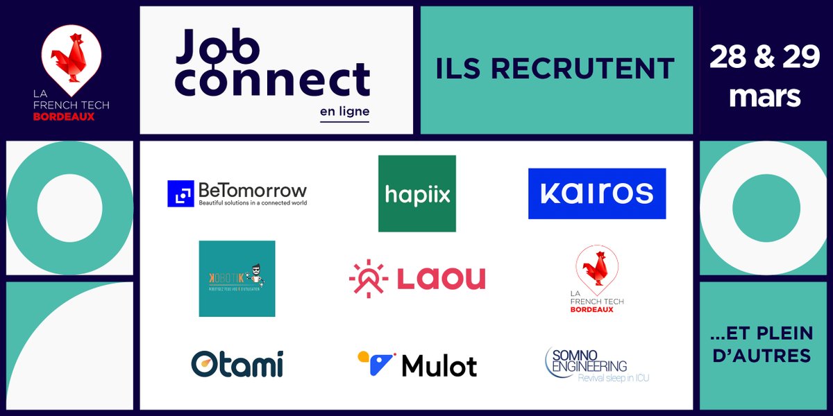 Vous cherchez un #job ? Ils recrutent au #JobConnect ! 🙌

Rencontrez <a href="/BeTomorrow/">BeTomorrow</a>, <a href="/hapiix_/">hapiix</a>, <a href="/KairosAgency_/">Kairos Agency</a>, Kobotik, @LAOU_FR, Otami, MULOT, Somno Engineering, La #FrenchTech #Bordeaux et bien d'autres ☝️

📆 28 &amp; 29 mars
Inscrivez-vous dès maintenant 👉 tinyurl.com/26fv4ehe
