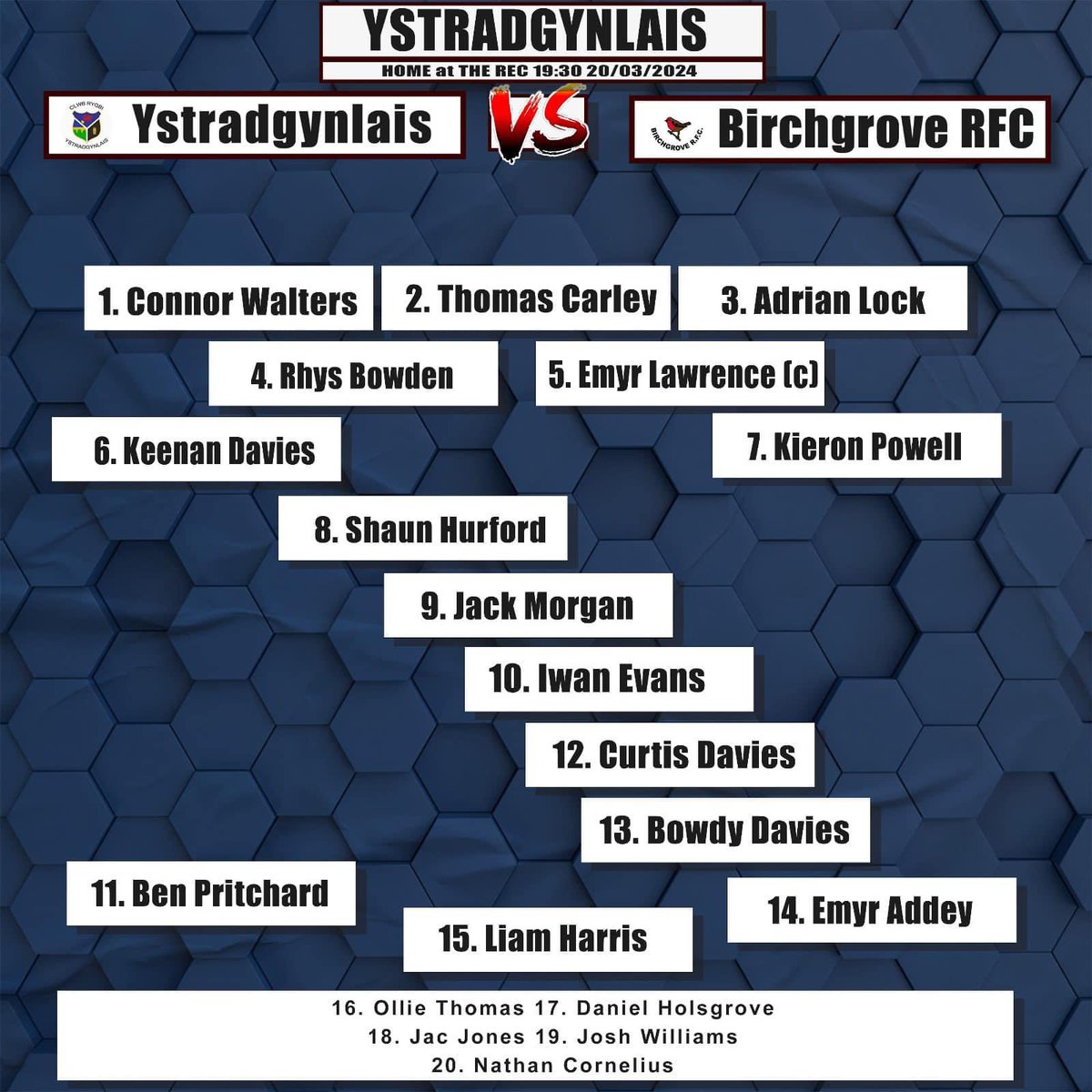 ystradbluesrfc's tweet photo. Our 20 for tonight 🔵 https://t.co/c3XhpzcpVO