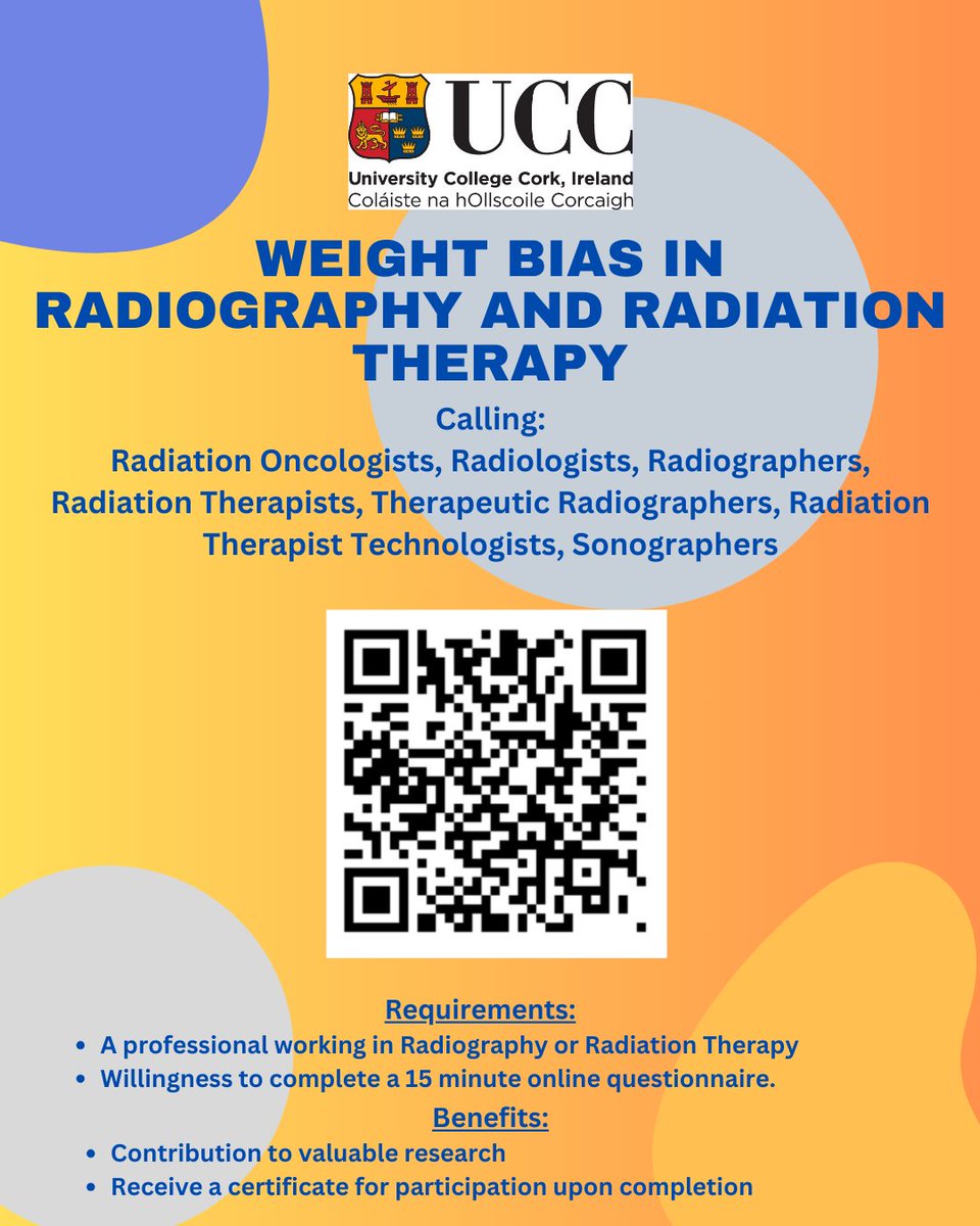 Theresa O Donovan (@odonovmt) on Twitter photo Still time to participate in "Weight Bias in Radiography & Radiation Therapy" Please scan the QR code below or use the link: lnkd.in/erd_swiF
<a href="/SCoRMembers/">SCoR Members</a> @ASMIRTorg <a href="/CAMRT_ACTRM/">CAMRT/ACTRM</a> <a href="/camrt_bc/">CAMRT-BC</a> <a href="/iirrt/">Iirrt</a> <a href="/ASTRO_org/">ASTRO</a> <a href="/ASRT/">ASRT</a> <a href="/ACRORadOnc/">ACRO - American College of Radiation Oncology</a> <a href="/ESTRO_RT/">ESTRO</a> <a href="/iaeaorg/">IAEA - International Atomic Energy Agency ⚛️</a> <a href="/UONRT/">University of Newcastle Radiation Therapists</a> <a href="/QUBelfast/">Queen's University Belfast 🎓</a> <a href="/CityUniRT/">Therapeutic Radiography and Oncology</a> Still time to participate in "Weight Bias in Radiography & Radiation Therapy" Please scan the QR code below or use the link: lnkd.in/erd_swiF
<a href="/SCoRMembers/">SCoR Members</a> @ASMIRTorg <a href="/CAMRT_ACTRM/">CAMRT/ACTRM</a> <a href="/camrt_bc/">CAMRT-BC</a> <a href="/iirrt/">Iirrt</a> <a href="/ASTRO_org/">ASTRO</a> <a href="/ASRT/">ASRT</a> <a href="/ACRORadOnc/">ACRO - American College of Radiation Oncology</a> <a href="/ESTRO_RT/">ESTRO</a> <a href="/iaeaorg/">IAEA - International Atomic Energy Agency ⚛️</a> <a href="/UONRT/">University of Newcastle Radiation Therapists</a> <a href="/QUBelfast/">Queen's University Belfast 🎓</a> <a href="/CityUniRT/">Therapeutic Radiography and Oncology</a>