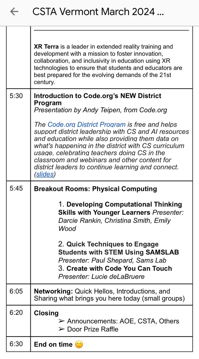 .@CSTA Vermont’s Flash Conference is tonight - 5 - 6:30 PM ET. Schedule in images. DM me for link to Agenda and registration link. Alt Text included in that Google doc; I’m choosing to not post the registration link publicly. 🚀 @codeorg @XrTerra @VTEducation