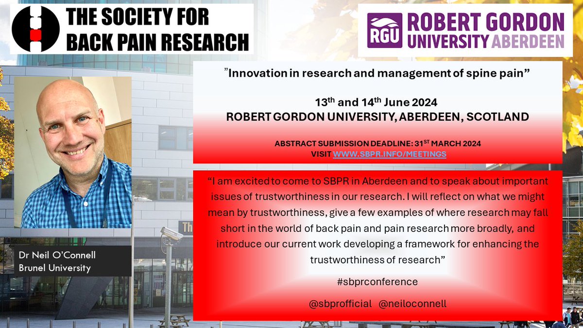 We are very much looking forward to hearing @NeilOConnell talk about 'Beyond bias: Exploring issues of trustworthiness in pain research' at our #SBPR2024 meeting later this year.